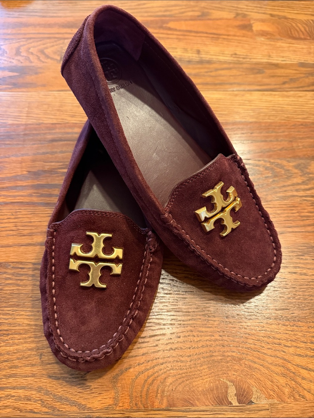 New Tory Burch Burgundy Suede Moccasin with Gold Logo